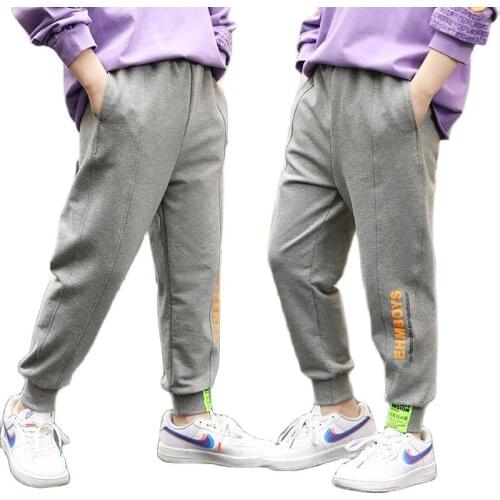 Spring-fall sweatpants for 4-15Y big kids full length sweatpants elastic loosen baby booys clothes solid gray school trousers