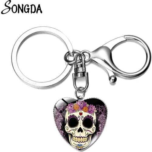Vintage Colorful Floral Sugar Skull Heart Keychains Fancy Sugar Skull Day of the Dead Glass Gem Lobster Clasp Key Ring