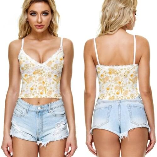 New Trend Womens Ribbon Stitching Deep V-neck Yellow Floral Print Camisole