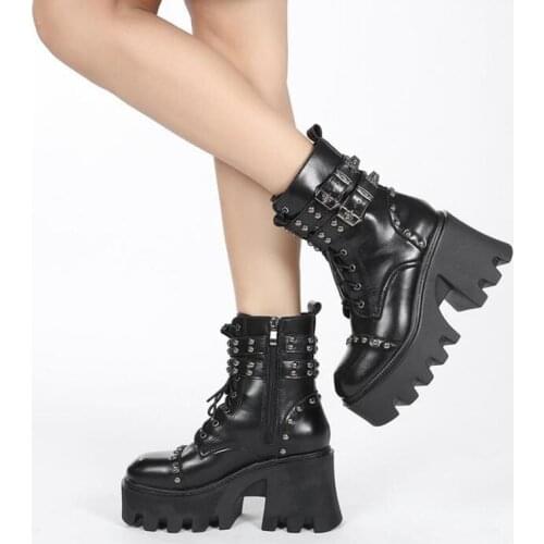 2021 Demonia Metal Decoration Ankle Boots Women Platform Heels Black Gothic Ankle Strap Buckle Ladies Short Boots Plus Size 43