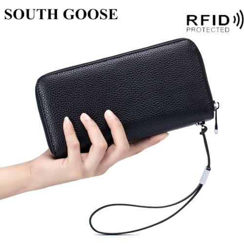 2021 Genuine Leather Women Wallet Classic Long Zipper Clutch Bag RFID Blocking Card Holder Lady Large Organizer Purse Wrist Bag
