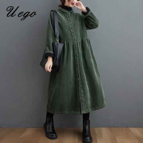 Uego Corduroy Thicken Fleece Warm Winter Coats Single Breasted Long Women Clothes Outwear Casual Coats Female Vintage Coats