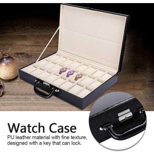 24 Grid Watch Storage Suitcase PU Leather Large Space Watch Storage Case with Key for Watch Sorage Box Tools