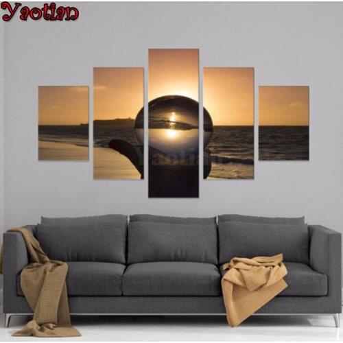 5 Pcs Crystal Ball Sun Beach Seascape Diamond Painting full square round diamond embroidery mosaic diamants painting Rhinestone