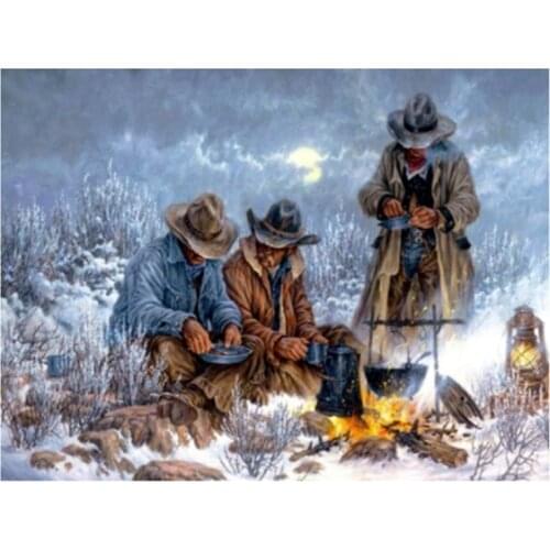 5D Winter West Cowboys Camping Full Diamond Painting Cross Stitch Kits Vitage Home Art Portrait 3D Paint by Diamonds XN1426
