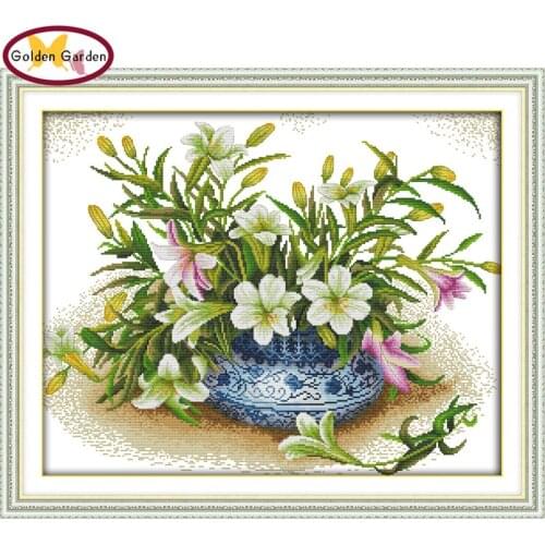 GG Fragrant Lily Cross Stitch Embroidery Needlework Set 11CT14CT DIY Handicraft Joy Sunday Cross Stitch Kits for Home Decoration