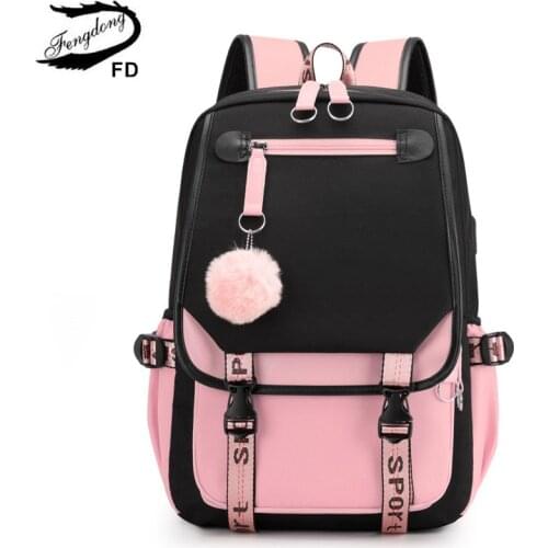 Fengdong large school bags for teenage girls USB port canvas schoolbag student book bag fashion black pink teen school backpack