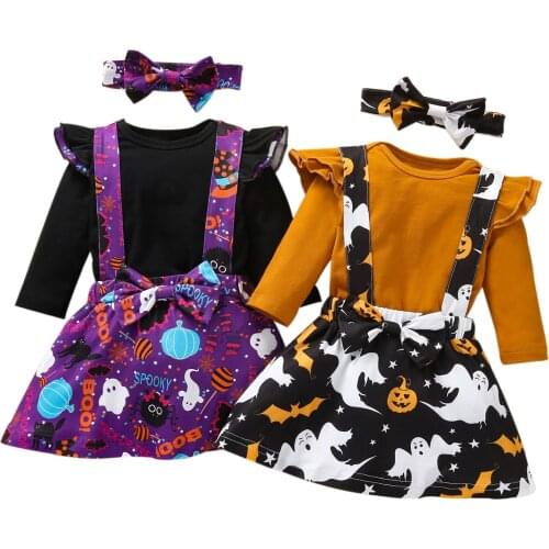 Multitrust Newborn Baby Girls Happy Halloween Outfits Long Sleeve Solid Color Romper+Spooky Suspender Skirt+Headband 3pcs Set
