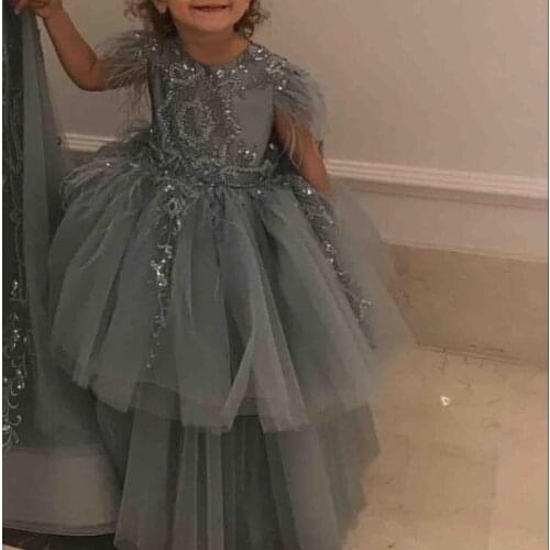 Feather 2020 Lace Beaded Flower Girl Dresses Ball Gown Tulle Little Girl Wedding Dresses Cheap Communion Pageant Dresses Gowns
