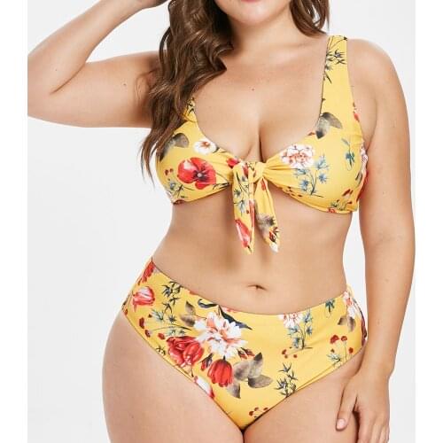 Plus Size Bowknot Bikini Floral Swimsuit Large Sizes Swimwear Front Tied Swimsuit Floral Bathing Suit Strappy Bikini 2019 Female