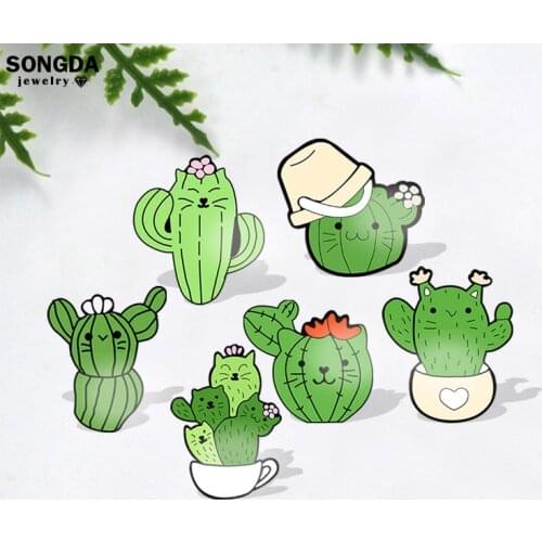 Cute Mini Green Plant Cactus Acrylic Pin Funny Potted Brooches Backpack Shirt Lapel Pin Badge Fashion Cartoon Jewelry Gifts Kids