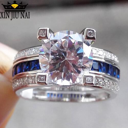 2/pcs 925 anillos Silver Princess-cut Blue Topaz Wedding Ring Sets For Women Cubic Zirconia Engagement Band Fashion Jewelry