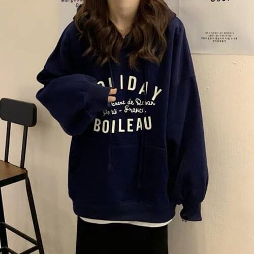Autumn Womens Hoodies Korean Temperament Commuter Loose Thin Letters Printed Hooded Pockets Long M-2XL Size Pullover Clothes