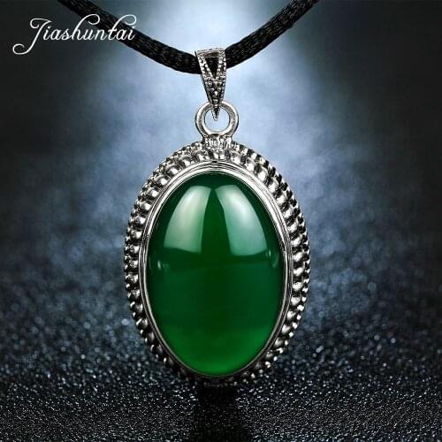 JIASHUNTAI 925 Sterling Silver Green Natural Stone Pendant Necklace Jewelry For Women Vintage Gifts
