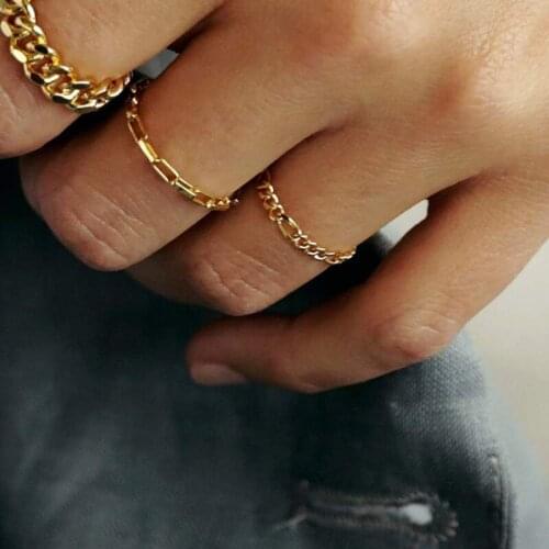 Punk Gold Wide Thick Cuban Link Chain Rings for Women Men Couples Gothic Geometric Twisted Chain Ring Finger Jewelry Gifts