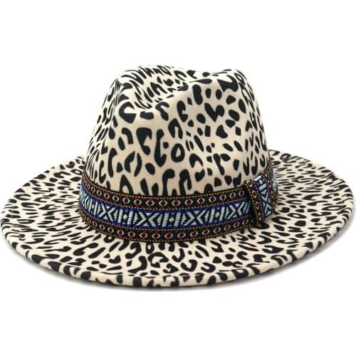 Fashion Winter Hat For Woman Vintage Cute Ladys Trendy Felt Trilby Bowler Hats For Girl Wide Brim leopard print Hat HF184