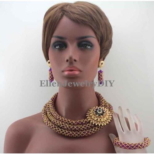Stylish Purple Nigerian Wedding African Beads Jewelry Set Handmade Indian Dubai Bridal Necklace Sets Free Shipping W13099