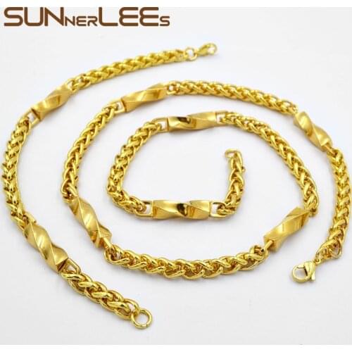 SUNNERLEES Jewelry Stainless Steel Necklace Bracelet Set 6mm Geometric Link Chain Silver Color Gold Plated Men Women SC157