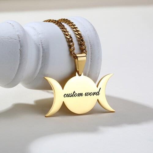 Triple Goddess Moon Symbol Crescent Pendant Necklaces Custom Name Logo Stainless Steel Moon Jewelry For Women Female