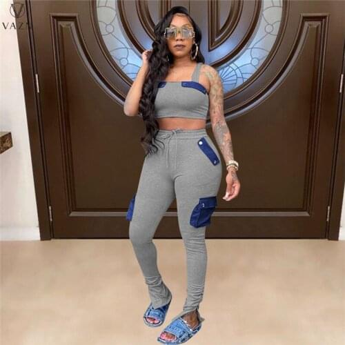 VAZN 2020 Casual Young Sexy High Street Soft Sprot Sleeveless O-Neck Long Bandage pants Women 2 Piece Set