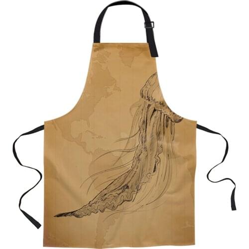 Vintage World Map Jellyfish Apron Woman Adult Bibs Home Cooking Baking Coffee Shop Cleaning Canvas Aprons Kitchen Accessory