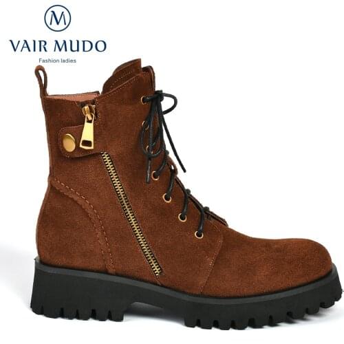 VAIR MUDO Women Martin Ankle Boots Shoes Thick Bottom Round Toe Brown Black Concise Solid Autumn Winter Boots Lace Up WM-X233-C