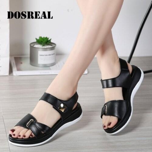 Dosreal Summer Womens Shoes Ladies Soft Leather Casual Open-Toed Wedges Shoes Ladies Metal Velcro Mid-Heel Sandals
