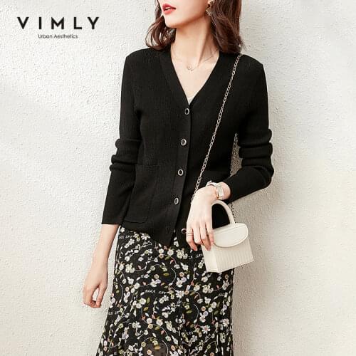 Vimly 2021 Spring Womens Knitted Cardigan Fashion V Neck Single Breasted Solid Pockets Outwear Female Elegant Sweaters F5693
