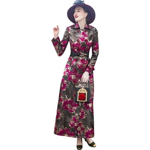 DF Autumn Winter Embroidery Flowers Long Coat Slim Designer Women Full Length Double Breasted Overcoat 9043