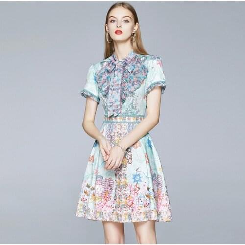 High Quality Runway Dress Women Summer Bowknot Collar Shirt Clothes 2020 New Fashion Short Sleeve Print Party Midi Dresses