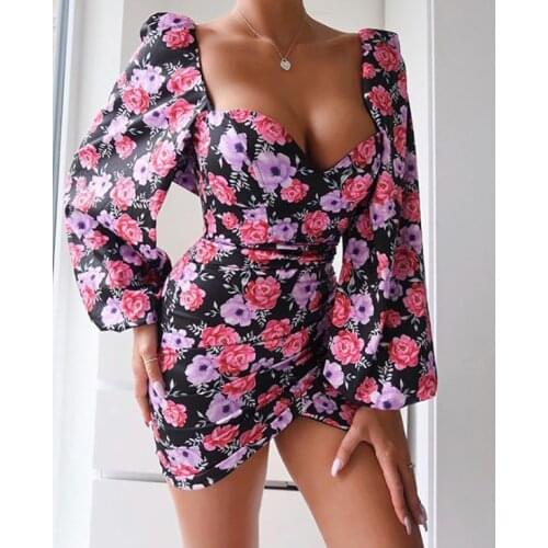 2020 New Sexy Women Ladies Evening Party Flower Dress Sexy Prom Ball Mini Dresses Women Long Puff Sleeve Slim Club Dress
