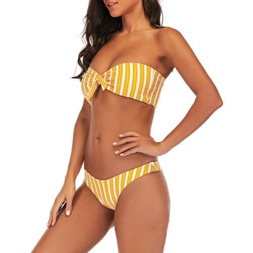 2020 new sexy swimsuit Bikini, vertical stripe print knot strapless bikini, sexy high waist split swimsuit girls swimwear
