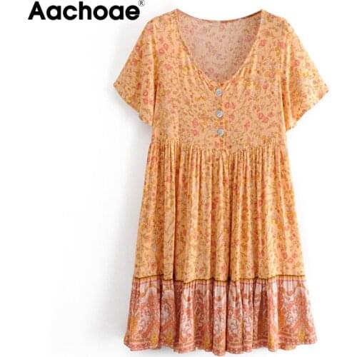 Aachoae Floral Print V Neck Loose Mini Dress Women Short Sleeve Pleated Casual Dresses 2021 Vintage Summer Sundress Vestidos