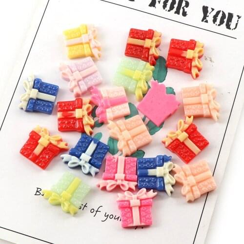 Fashion 30pc 18x18mm Colorful Resin Bow Gift Shape Resin Flat Back Cabochon Resin For Phone DIY Decoration Or Hairpin Headware