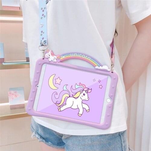 Kids Unicorn Cartoon Cover for IPad 7th 8th 10.2 6th 9.7 2018 2017 Mini 5 11 Air 1 2 3 4 Tablet Case Silicon Stand Funda + Strap