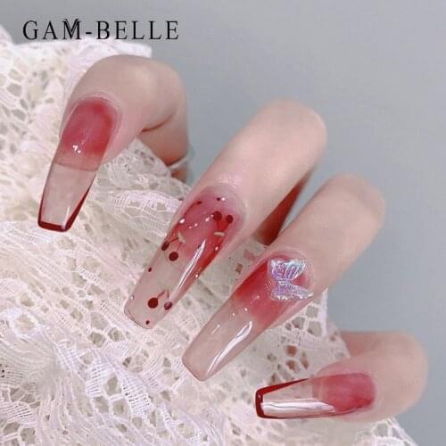 GAM-BELLE Nude Wine Red Cherry Pattern Fake Nails French Long Ballerina Full Cover Artificial Press On Nails Decoration Tool