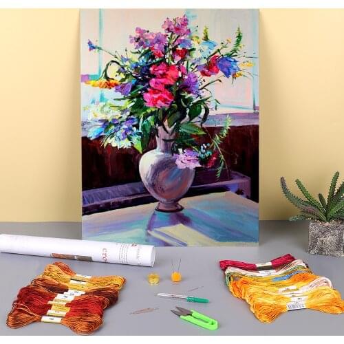 Landscape Summer Flowers Printed Water-Soluble Canvas 11CT Cross Stitch Full Kit DIY Embroidery DMC Threads Hobby Adults