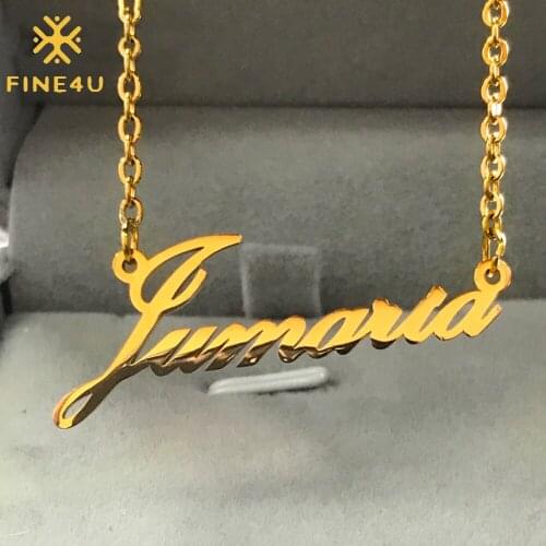 FINE4U N572 Personalized Name Necklace Stainless Steel Custom Nameplate Pendant Necklace Jewelry Gift for Women