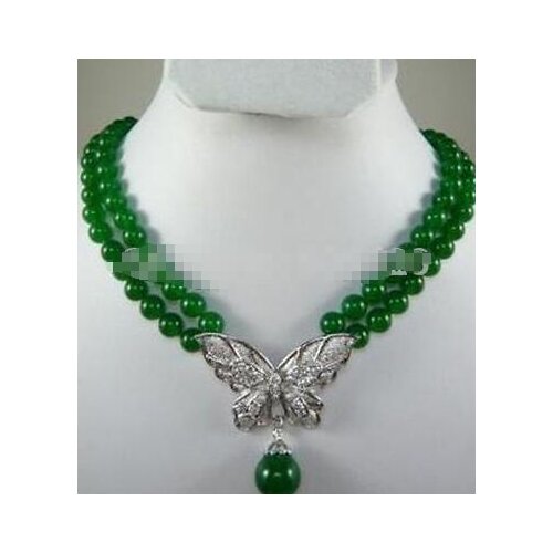 Beautiful 2 row green 8mm jade Butterfly Pendant necklace