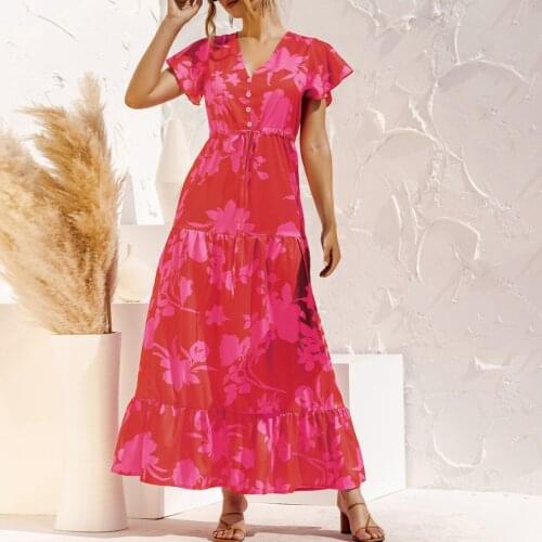 Summer Boho Beach Dress Women Floral Print Dress Vestidos Vintage Sexy V-Neck Party Dress Robe Femme 2021 Casual Dress