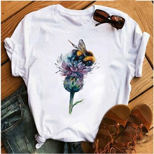 Mayos Womens Watercolor Bee Flower Printed T-shirt 90s Casual Ladies' T-shirt Womens Printed T-shirt