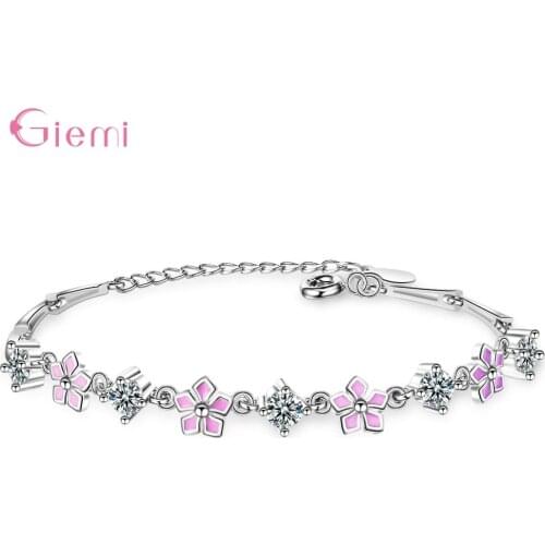 Fashion 925 Silver Pink Cherry Flower Zirconia Charm Bracelet For Women Girl Simple Sweet Gift Chic Jewelry Bijoux