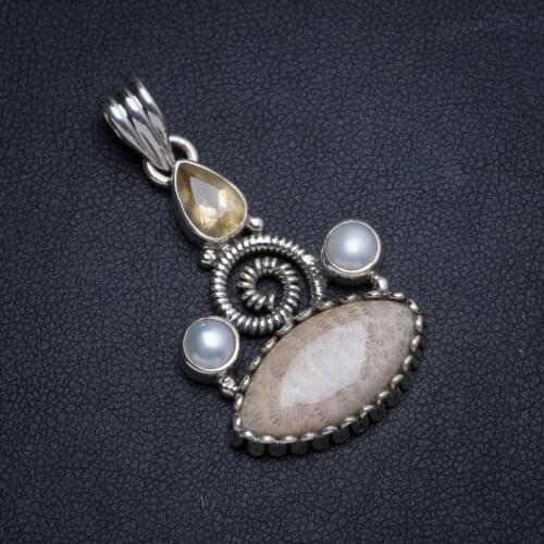 Natural Fossil Coral,River Pearl Citrine Handmade Unique 925 Sterling Silver Pendant 1.5" X0136