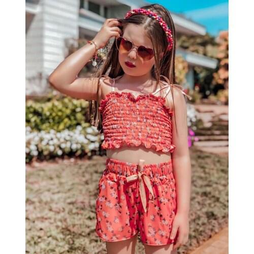 OPPERIAYA Baby Girl Camisole Shorts Off Shoulder Strap Pullover Tops Flower Printing with Bow Decoration Cool Summer Clothing