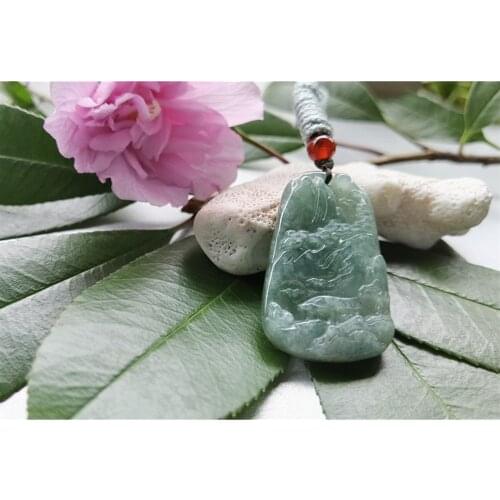 Natural Jade Landscape Pendant Jadeite Emerald Necklace Carved Charm Jewellery Fashion Amulet for Men Women Lucky Gifts