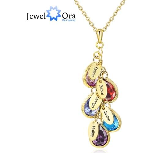 Personalized Engraved Family Name Necklace with 5 Birthstones Multiple Water Drop Pendant Necklaces for Women(JewelOra NE103418)