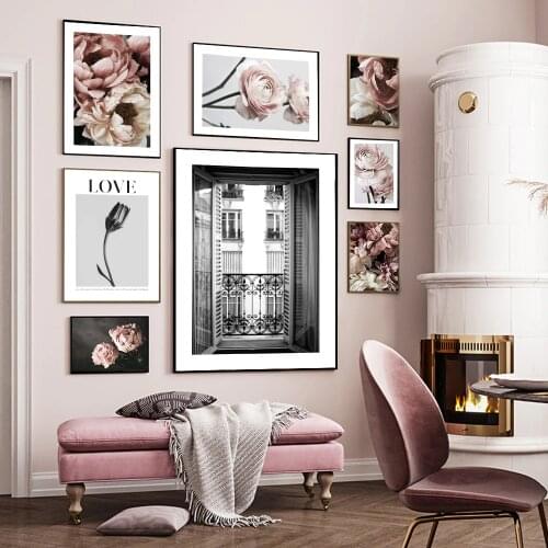 Roses Peonies Posters Canvas Painting Pink Flowers Fashion Photography Wall Art Prints Pictures Living Room Modern Home Decor