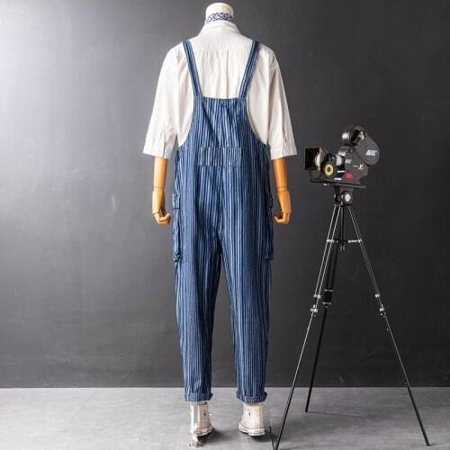 Multi-Pockets Hip Hop Casual Overalls Men Cowboy Cargo Trousers Harajuku Vintage Striped Straight Jumpsuit Denim Pants Men M-2XL
