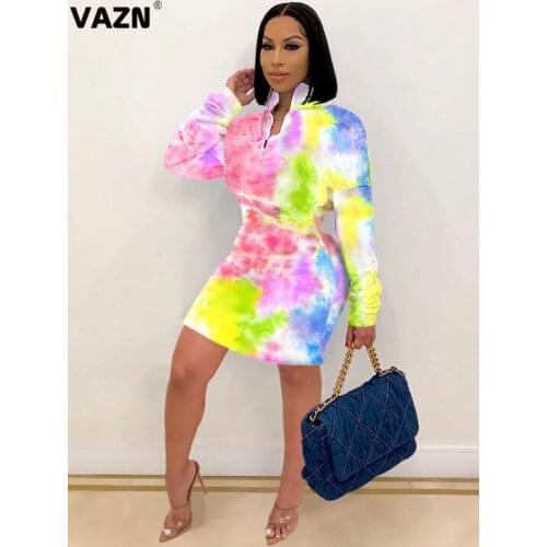VAZN 2021 Spring New Overalls Elegant Elastic Mature Sexy Joker Fashion Full Sleeve Women High Waist Thin Mini Dress