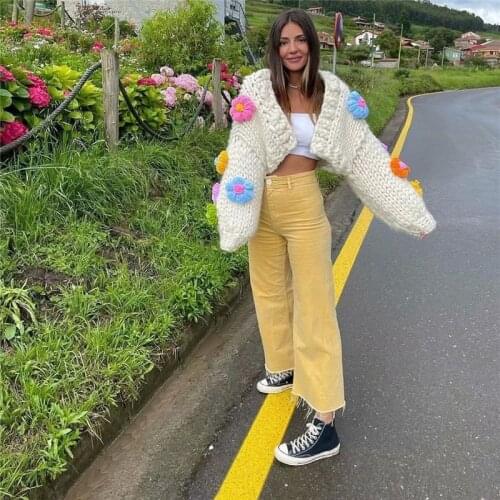 Girls Y2K Colorful Patchwork Knitted Cropped Cardigan 2021 Sweet Woman Loose Appliques Cardigans Female Oversized Short Knitwear